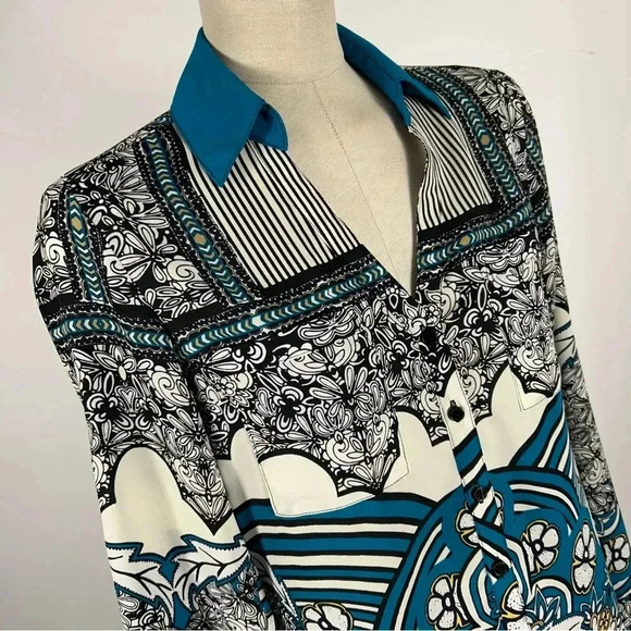 ❤️ Express Portofino Blouse Teal Black Roll Tab Sleeves Floral Stripes XS - Picture 3 of 11